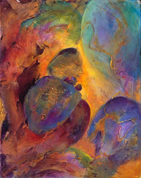 Expressive abstract original painting with indigo forms and gold light