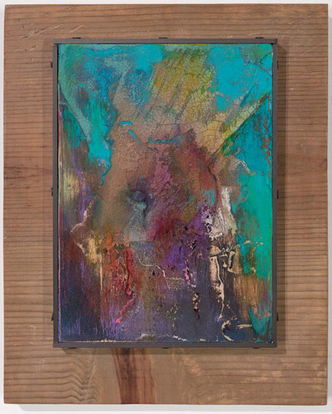 Turquoise and violet spirit painting mounted on wood